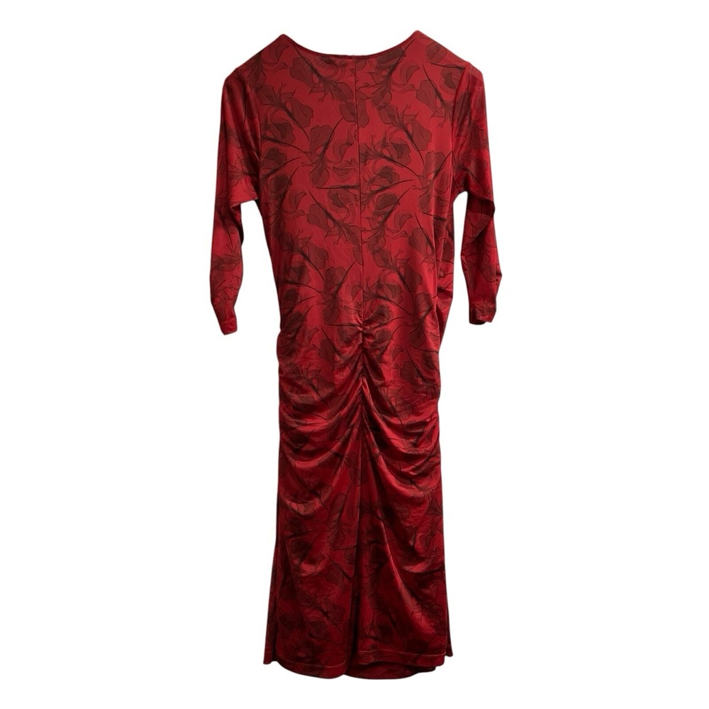 Betabrand Travel Dress‎ Womens XL Red Mesh Dark Floral Ruched Fitted Midi Cutout